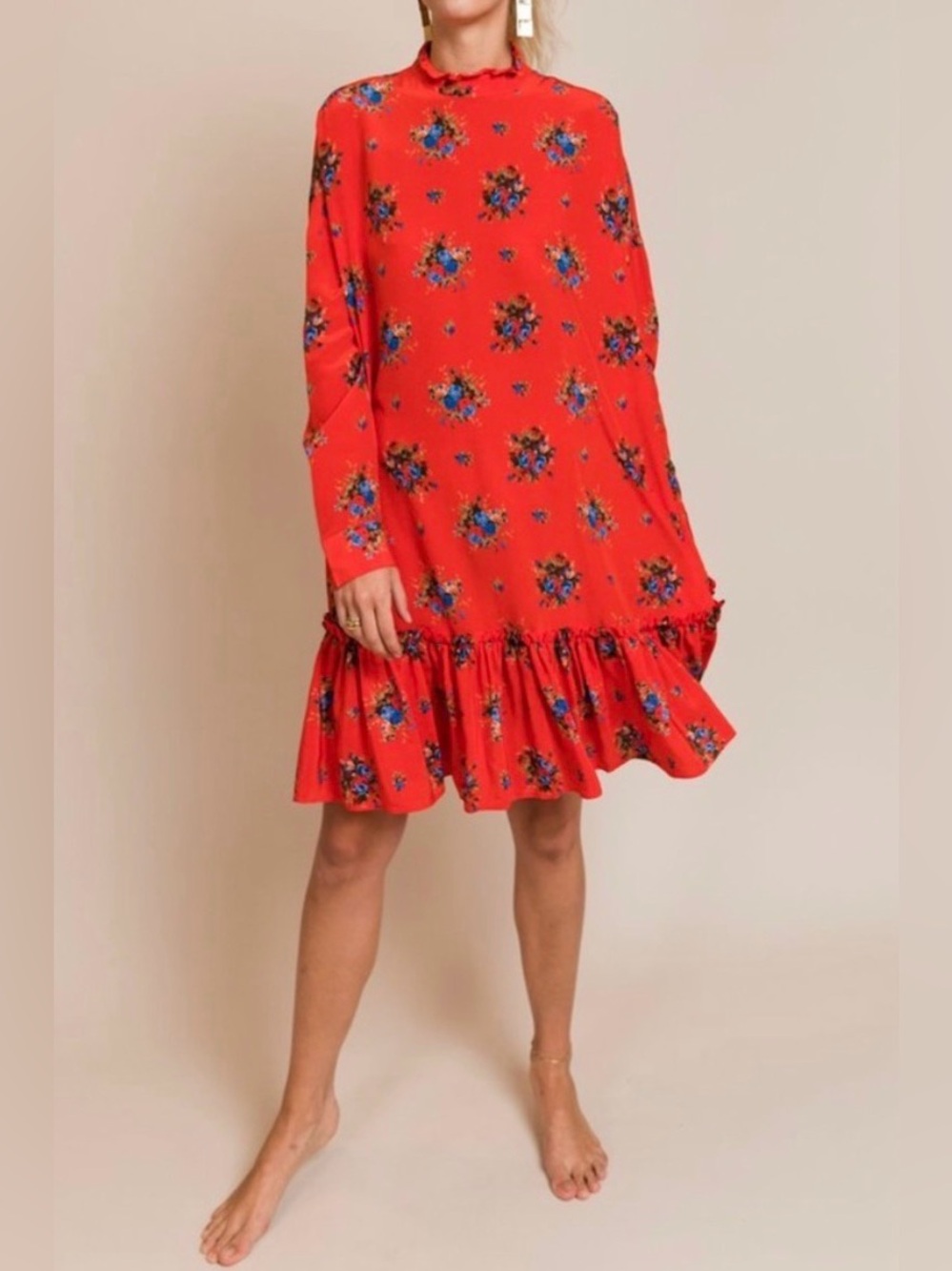 GANNI Kochhar Red Floral 100% Silk Ruffle Drop Waist Mini Dress EU 40